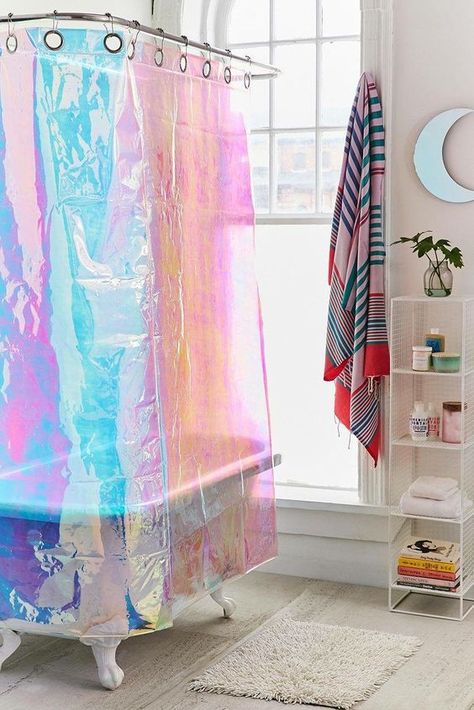 Holographic shower curtain dreams Tiny Wet Room, Target Shower Curtains, Cactus Shower Curtain, Pretty Shower Curtains, Urban Outfitters Curtains, Bathroom Images, The Shower, Bathroom Shower Curtains, My New Room