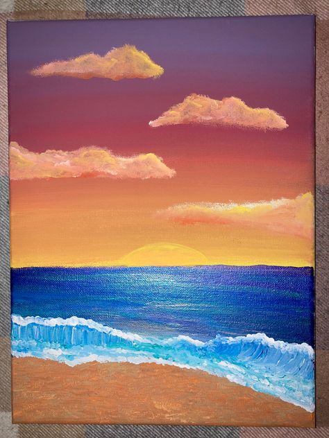 Sunset With Water Painting, Sun Set Beach Painting, Ocean Art Simple, Beach Paintings On Canvas Sunsets, Beach Painting Easy Step By Step, Sunset On A Beach Painting, Sunset Paintings Aesthetic, Beach And Sunset Painting, Painting Ideas On Canvas Beach Sunset