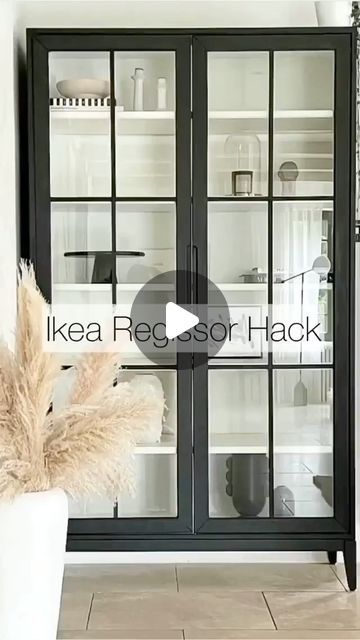 wonderhome_ideas on Instagram: REGISSOR Display Cabinet Hack ✨ Follow for more 💡 • All you need is : • REGISSOR display cabinet • Primer • Paint • Timber pieces • No… Build In Display Cabinet, Glass Cabinet Bookcase, Minimalist Display Cabinet, Black Cabinet With Glass Doors, Regissor Ikea Hack, Ikea Display Cabinet Hack, Glass Display Cabinet Ideas, Cabinet Primer, Glass Cabinets Display Living Room