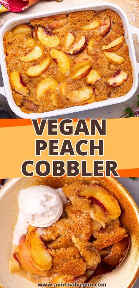 Vegan Peach Cobbler, Vegan Pies Recipes, Vegan Peach, Cobbler Topping, Easy Vegan Dessert, Healthy Vegan Desserts, Vegan Banana Bread, Peach Cobbler Recipe, Canned Peaches