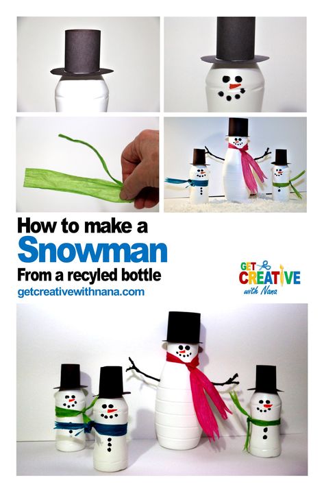 This quick and easy project requires very few materials and makes creative use of recycled plastic bottles. The finished snowman is a happy winter character. Bottle Snowmen Craft Ideas, Coffee Creamer Bottle Crafts, Coffee Creamer Bottles, Winter Character, Creamer Bottles, Starbucks Bottles, Plastic Milk Bottles, Plastic Milk, Make A Snowman