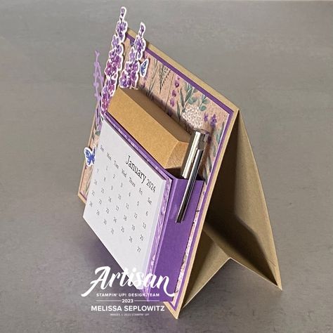 Painted Lavender Easel Calendar Stampin Up Easel Calendars, Stampin Up Easel Cards, Stampin Up Calendar Ideas Easel Cards, Mini Calendar Ideas, Infinity Cards, Card Calendar, Infinity Card, Diy Desk Calendar, Post It Holder