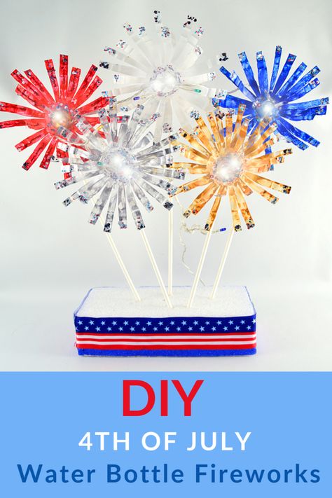 Create these fun, safe DIY 4th of July fireworks out of repurposed water bottles. These make a great centerpiece for your 4th of July party or cookout! They are so easy to make and it could be a fun project for kids. Diy Fireworks Decoration, Diy Fireworks, Water Bottle Crafts, Fun Projects For Kids, Project For Kids, Crafts For Seniors, Diy Bottle Crafts, Patriotic Crafts, Colorful Glitter