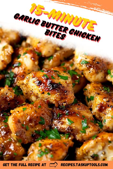 Looking for a quick and delicious dinner option? Try these 15-Minute Garlic Butter Chicken Bites! Perfectly seasoned chicken pieces are sautéed in rich garlic butter, delivering a burst of flavor in just minutes. Ideal for busy weeknights or a last-minute gathering, this easy recipe pairs wonderfully with your favorite sides. Discover how to make this mouthwatering dish and impress your family with minimal effort. Get ready to savor every bite! Skillet Chicken Bites Recipes, Side Dishes For Weeknight Dinners, Easy Chicken Pieces Recipes, Easy Oven Baked Chicken Bites, Oven Baked Chicken Bites Recipes, Baked Chicken Dinner Ideas Healthy, Gluten Free Chicken Bites, Lemon Butter Chicken Bites, Garlic Butter Chicken Bites Air Fryer