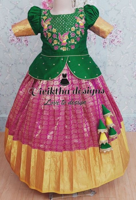 Big Border Pattu Blouse Maggam Works, Pink Green Half Saree, Blouse Designs For Pattu Langas, Saree To Pattu Pavadai, Pattulanga Blouse Designs, Baby Lehanga Blouse Patterns, Pattulanga Designs For Kids, Pattu Langa Designs For Kids, Simple Aari Work Blouse Design For Pattu Saree With Border