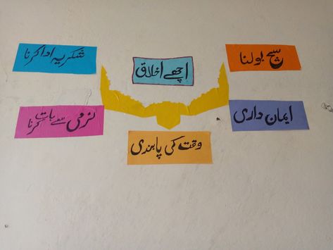 #urduchart #walldecoridea #classdecor #achyikhlaq #schooldecor #schoolwallidea #urduclassdecor #primaryschooldecor #elementaryschooldecor #kidslearningurdu Islamic Charts For School, Islamic Charts, Urdu Worksheet, Notice Board Decoration, Class Board, Baby Cartoon Characters, Soft Board, Grandparents Day Crafts, Classroom Charts