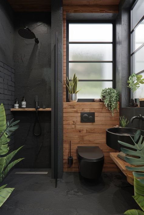 Bold meets beautiful in this contemporary bathroom design featuring dark teak elements harmoniously blended with sleek black concrete surfaces. #ContemporaryDesign #TeakWood #BathroomDecor Black Shower Room Ideas, Black Wood Look Tile, Bathroom Dark Design, Bathroom Wood And Black, Shower Between Two Walls, Wood And Grey Bathroom, Dark Aesthetic Bathroom Ideas, Black Modern Bathroom Decor, Dark Rustic Bathroom