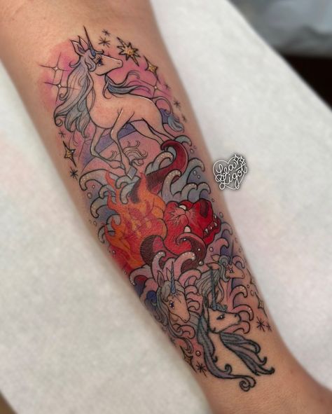 The Last Unicorn defeating the red bull for Heather to expand on her existing unicorn tattoo! ✨ Tattooing anything from the Last Unicorn… | Instagram The Last Unicorn Tattoo, Last Unicorn Tattoo, The Last Unicorn Movie, Tattoo Unicorn, Unicorn Tattoo Designs, Lady Amalthea, Unicorn Tattoo, Outer Forearm Tattoo, Tattoo Thoughts