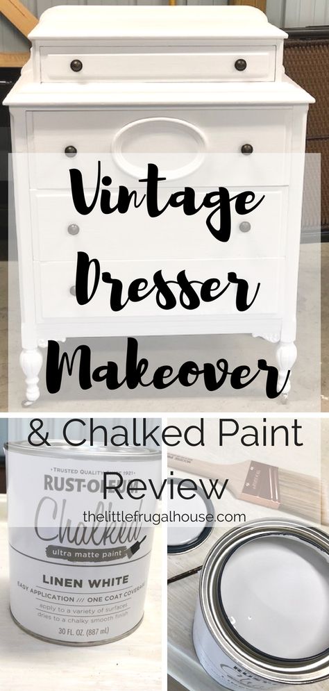 Vintage Dresser Makeover & Rust-Oleum Chalked Paint Review - The Little Frugal House Rust Oleum Chalk Paint, White Chalk Paint Furniture, Vintage Dresser Makeover, Rustoleum Chalked, Rustoleum Chalk Paint, Chalk Paint Dresser, Chalk Paint Furniture Diy, Grey Bedroom Furniture, Diy Dresser Makeover