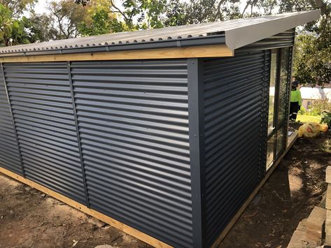 Zinc House, Container Cladding Ideas, Colorbond Shed House, Colorbond Shed, Colorbond Wallaby Exterior, Colorbond Windspray Roof, Sheds Ideas Backyard, Backyard Cabin, Tin Shed