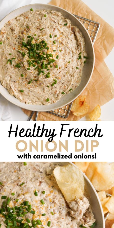 Healthy French Onion Dip is creamy, savory, delicious, and loaded with all the flavor of the classic! It’s made with caramelized onions, greek yogurt, whipped cream cheese, and fresh herbs. Serve this homemade dip with potato chips or veggies for the perfect game day snack or party appetizer! Healthy French Onion Dip, Cream Cheese Chip Dip, Yogurt Whipped Cream, Greek Yogurt Whipped Cream, Cheese Chip Dip, French Onion Dip Recipe, Homemade French Onion Dip, Healthy Appetizers Easy, Homemade Dips