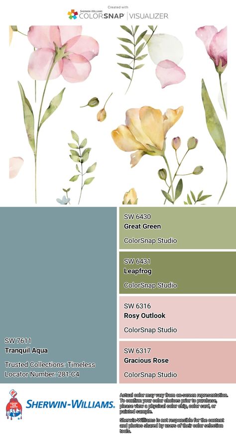 I just created this color palette with the Sherwin-Williams ColorSnap® Visualizer app on my Android phone. What do you think? You can learn more about ColorSnap Visualizer and get it on your phone free by visiting https://www.sherwin-williams.com/content/colorsnap.html. Sherwin Williams Pastel Paint Colors, Faded Flax Flower Sherwin Williams, Girls Room Color Palette, Girl Room Color Palette, Pallette Ideas, Youth Room Church, Sherwin Williams Color Schemes, Green Girls Rooms, Pastel Paint Colors