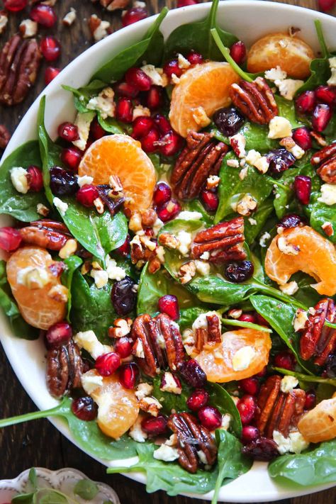 Christmas Salad with Spinach, Pecans, Mandarin Oranges, Pomegranate Arils. Christmas Salad Recipes, Winter Salad Recipes, Christmas Salad, Homemade Honey Mustard, Holiday Salads, Christmas Salads, Spinach Salad Recipes, Lime Vinaigrette, Fresh Salad Recipes