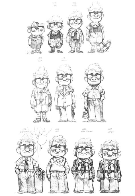 Pixar UP - Carl's stages of growing up/older Create Character, Pixar Animation Studios, Pixar Animation, Character Design Cartoon, Pixar Characters, Character Model Sheet, Karakter Disney, Animation Studios, Disney Concept Art