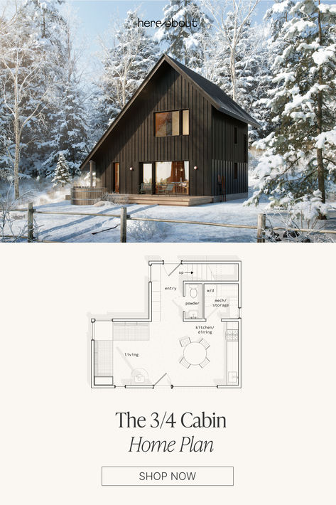 a 3/4 cabin in a wintry snow scene 4 Bedroom Cabin Floor Plans, Saltbox Roof, Cabin Layout, 4 Bedroom House Designs, Bespoke Home, Cabin Home, Passive Solar Design, Small Modern Home, Solar Design