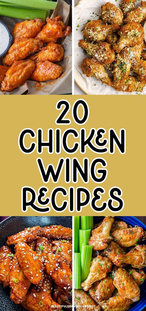 Who doesn't love chicken wings? They're the perfect finger food for any occasion, from game day to backyard barbecues. But if you're tired of the same old buffalo wings, it's time to switch things up! In this blog post, we've gathered 20 delicious chicken wing recipes that are sure to impress your guests. Some recipes you'll find are: Crispy Oven Baked Chicken Wings, Honey Garlic Chicken Wings, Garlic Parmesan Wings, Crock Pot, Chicken Wings, Crispy Buffalo Wings, and Air Fryer Chicken Wings. Jack Stack Fire Kissed Wings Recipe, Party Wing Recipes, The Best Chicken Wings Ever, Wings Menu Ideas, What To Do With Chicken Wings, Halloween Wings Chicken, Marinated Chicken Wings In The Oven, Chicken Wing Flavor Ideas, Oven Fried Chicken Wings Recipes