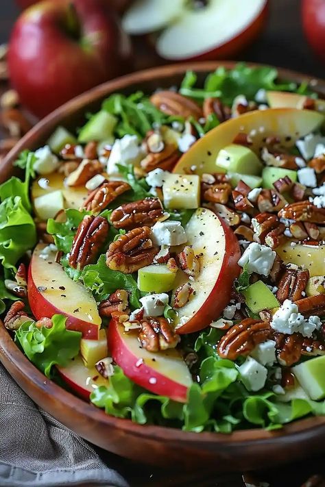 Marinated Mushrooms Recipe, Plum Salad, Apple Salad Recipes, Pecan Salad, Apple Salad, Crunchy Pecans, Feta Salad, Cheese Salad, Mixed Greens