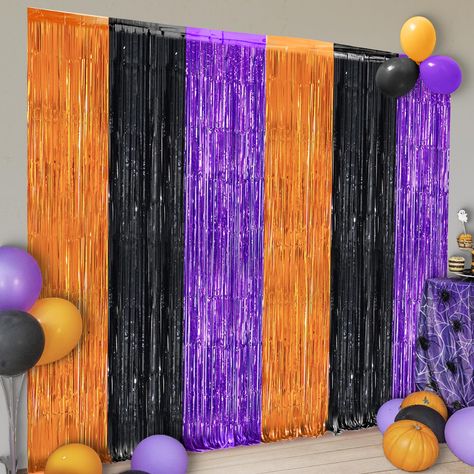 PRICES MAY VARY. XTRALARGE | CREATE BEAUTIFUL HALLOWEEN STREAMERS : Looking for unique halloween foil fringe curtains for orange and black halloween decorations? This xtralarge black and orange fringe curtain is perfect background for orange and black party decorations. With a touch of your creativity, you can make an elegant theme orange and black Deco with halloween photo backdrop for basketball party decorations or halloween party decorations. Haunt your party with halloween photo booth backd Holoween Idea Decor Party, Halloween Decorations Streamers, Halloween Class Party Decorations, Decorations For Halloween Party, Halloween Photobooth Idea, 10th Birthday Halloween Party, Middle School Halloween Dance Decorations, Halloween Dance Party Decorations, Teen Halloween Birthday Party