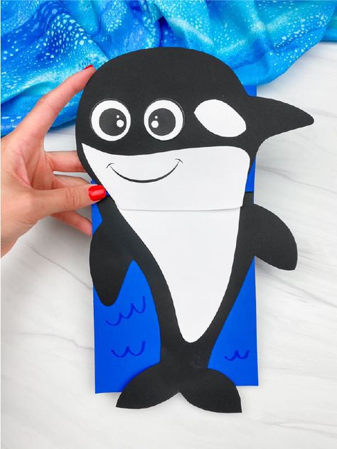 Killer Whale Paper Bag Puppet Craft Orca Craft, Crafts For Kindergarteners, Paper Bag Puppet Craft, Snail And The Whale, Ocean Animal Crafts, Whale Crafts, Under The Sea Crafts, Puppet Craft, Paper Bag Crafts