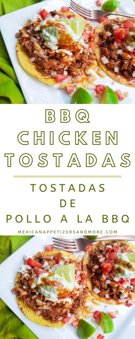 BBQ Chicken Tostadas Bbq Chicken Tostadas, Casserole Pasta, Avocado Sour Cream, Chicken Pasta Casserole, Tostada Recipes, Casserole Chicken, Chicken Tostadas, Fiesta Chicken, Barbeque Chicken