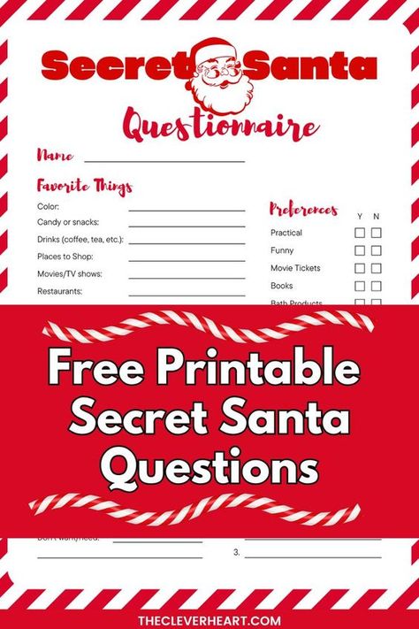 This free printable Secret Santa questionnaire helps to ensure that everyone participating receives gifts they actually like. We've also put together several creative Secret Santa messages to include with your gift! Free Secret Santa Questionnaire Pdf, Office Secret Santa Ideas Free Printable, Family Secret Santa Questionnaire, Free Printable Secret Santa Questionnaire For Coworkers, Secret Santa Questionnaire For Teens, Secret Santa Form Free Printable, Secret Santa Questionnaire For Coworkers Free Printable, Secret Santa List Template, Secret Santa Questionnaire Free Printable