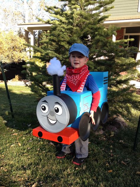 Thomas the Train Costume hand crafted by my amazing husband. Thomas The Tank Costume Diy, Thomas The Tank Costume, Thomas The Train Halloween Costume Diy, Thomas Halloween Costume, Thomas Train Costume, Thomas The Train Family Costumes, Diy Thomas The Train Costume, Toddler Train Costume, Diy Train Costume