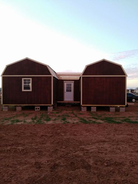 Two Sheds Connected By Deck, Two Sheds Connected, 2 Sheds Connected, Two Tiny Houses Connected, Shrimp Scampy, Large Shed House, Budget Floor Plans, Shed To Home Conversion, Shed To Cabin Conversion