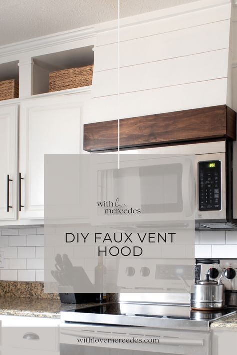 Exhaust Over Stove, Farmhouse Kitchen With Microwave Above Stove, Microwave With Hood Above, Microwave Cover Diy, Over The Oven Microwave Ideas, Diy Faux Range Hood, Over Stove Microwave Ideas Range Hoods, Faux Hood Over Microwave, Faux Range Hood Over Microwave