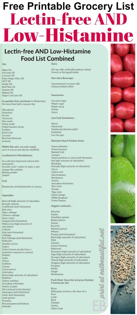 Lectin-free AND Low-Histamine Combined Food List {Grocery List with Printable!} #leakygut #histamines #lowhistamine #lectins #lectinfree #printable #grocerylist #list #lowlectin Food List Grocery, Lectin Free Foods, Plant Paradox Diet, Lectin Free Diet, Low Histamine Foods, Free Grocery List, Herbal Coffee, Low Histamine Diet, Lectin Free