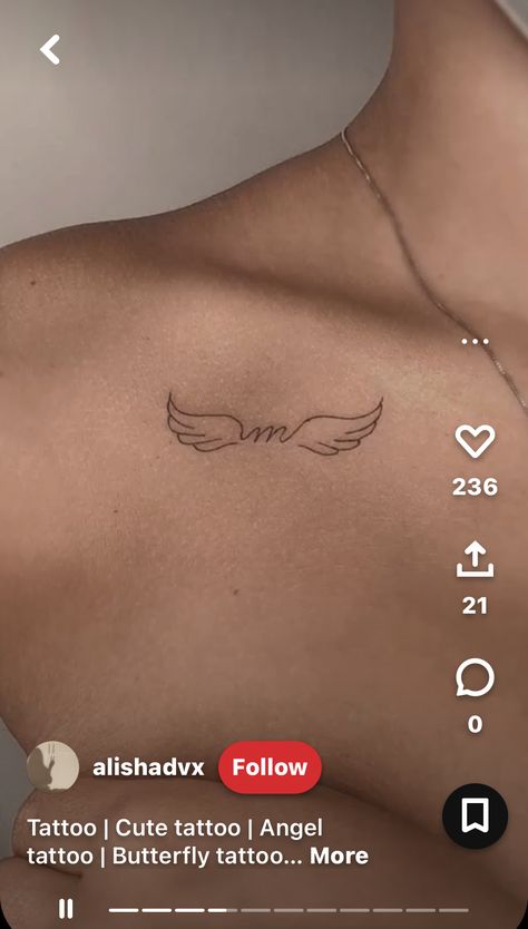 Cute Tattoos For A Lost Loved One, M With Angel Wings Tattoo, Small Dainty Angel Wing Tattoo, Finger Tattoos Angel Wings, Wings With Letter Tattoo, Tattoo Ideas For A Lost Loved One Angel Wings, Angel Wing With Initial Tattoo, Tatoos Lost Loved One, Angel Wing With Name Tattoo