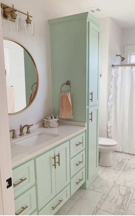 Lilac Bathroom Ideas, Snowbound Paint Color, Seafoam Bathroom, Snowbound Paint, Natural Bathroom Design, Lilac Bathroom, Light Green Bathrooms, Mint Green Bathrooms, Update Small Bathroom