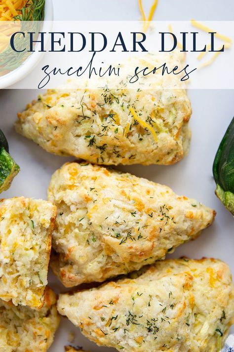 Sharp cheddar, fragrant dill, and lots of fresh zucchini are the perfect trio in these savory cheddar dill zucchini scones. Cheddar Dill Biscuits, Zucchini Cheddar Scones, Scones Recipe Savory, Zucchini Scones Recipe, Dill Muffins, Zucchini Scones, Dill Zucchini, Scones Savory, Zucchini Cheddar