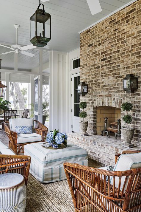 enclosed porch with brick fireplace and lantern lighting Southern Living Idea House, Southern Living Magazine, Porch Fireplace, Southern Living Homes, Southern Homes, Outdoor Living Room, Amelia Island, Kitchen Decorating, Southern Home