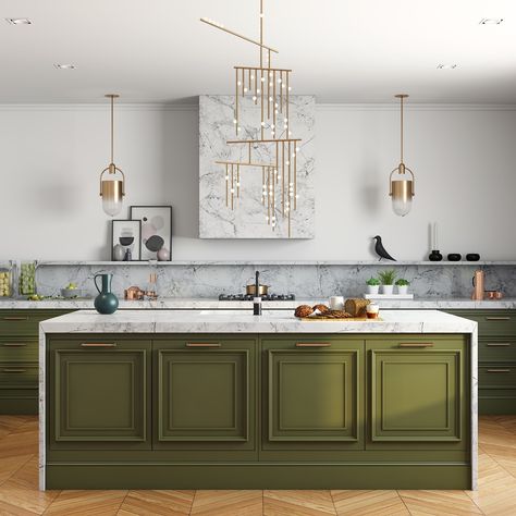 32 Lush Green Kitchen Ideas for a Fresh, Modern Home Update - placeideal.com Green Tile Backsplash, Extension Kitchen, Olive Green Kitchen, Green Kitchens, Metal Blinds, Green Kitchen Decor, Серая Кухня, Marble Countertops Kitchen, British Furniture