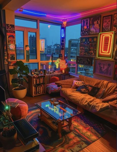 80s Inspired Apartment, Synthwave Living Room, Home Lighting Inspiration, Dim Apartment Aesthetic, Electric House Aesthetic, Chill Apartment Aesthetic, Maximalist Retro Decor, Messy Apartment Living Room, 80s Basement Aesthetic