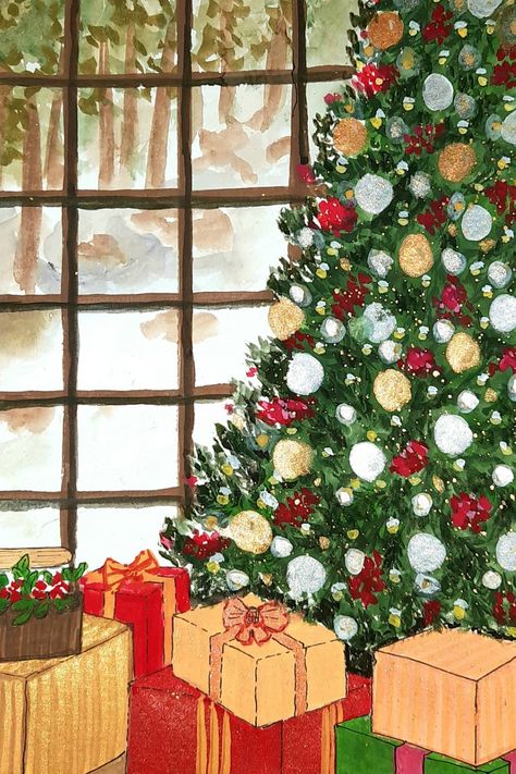 Christmas tree painting Snow Christmas theme Christmas red white green Christmas tree at the window Christmas Tree Painting Ideas, Christmas Art Painting Acrylic, Christmas Painting Tutorial, Christmas Gouache, Winter Wonderland Painting, Window Christmas Tree, Painted Christmas Tree, Snowy Background, Window Christmas