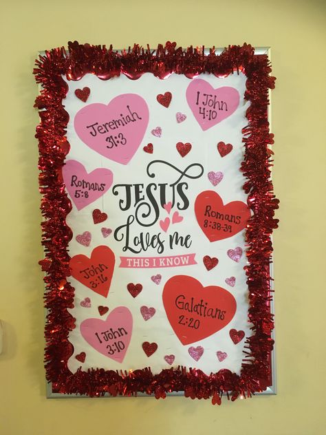 Jesus Loves Me This I Know Valentines Bulletin Board Valentine Bulletin Board Ideas, Valentines Day Bulletin Board Ideas, Valentine Bulletin Board, Sunday School Valentines, Sweetheart Valentines, Church Valentines, February Bulletin Boards, Valentine Bulletin Boards, Christian Bulletin Boards