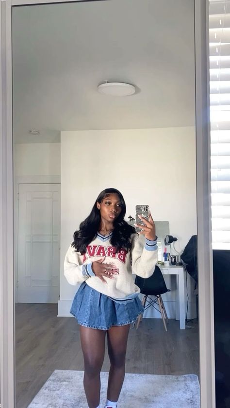 Skirt outfit Pin Stripe Dress Outfit, Sweater Vest Outfit Photoshoot, Sweatshirt With Denim Skirt, Pleated Skirt Outfit Street Style, Sweater With Pleated Skirt Outfit, Pleated Skirt With Tights Outfit, Plaid School Skirt Outfits, Denim Cargo Skirt Outfit Black Women, Jean Flare Skirt Outfits