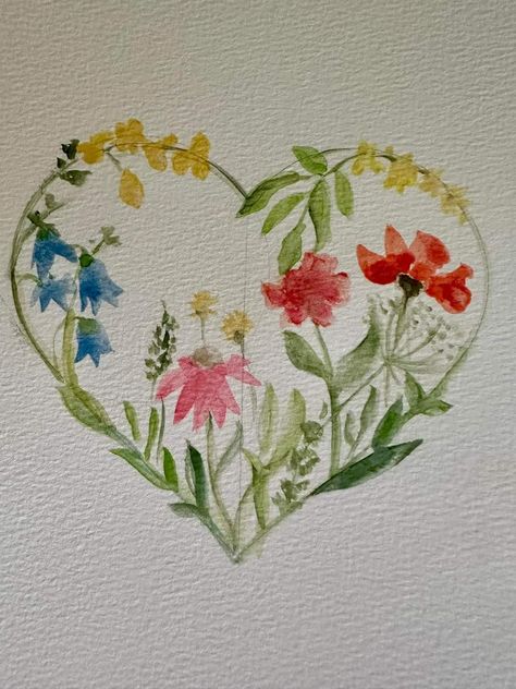 Watercolour Hearts Painting, Romantic Watercolor Painting Easy, Watercolor Wildflowers Simple, Watercolor Love Card, Watercolor Postcards Ideas, Watercolor Pencil Art, Watercolor Love, Valentines Watercolor, Learn Watercolor Painting