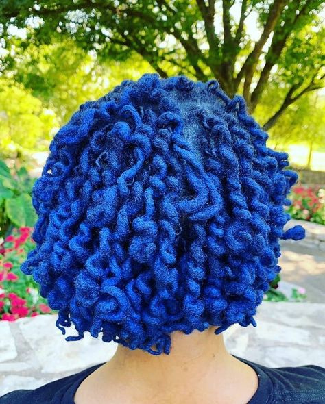 woman with freshly dyed blue locs with back towards camera. locs are curly Hair Dye Ideas Blue, Loc Color Ideas, Curled Locs, Blue Locs, Purple Locs, Hair Dye Ideas, Hair Therapy, Natural Black Women, Locs Hairstyles