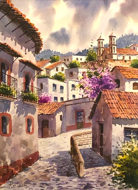 Paintings Of Mexico, Mexican Scenery Art, Pueblo Paintings, Mexico Aesthetic Paintings, Mexico Aesthetic Drawing, Mexico Landscape Painting, Mexico Artwork, Town Landscape Drawing, Mexican Village Paintings