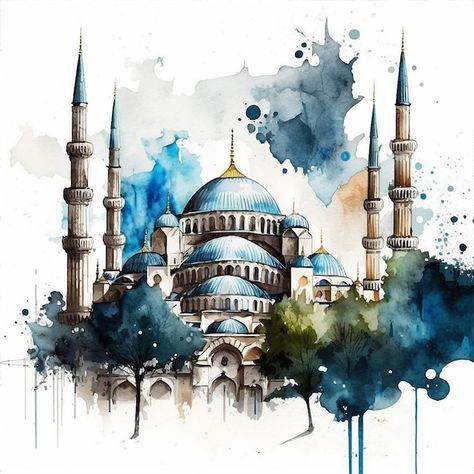 Blue Mosque Turkey, Islamic Drawing, Building Paintings, Blue Watercolor Wallpaper, Scenery Images, Blue Mosque Istanbul, Drawing Scenery, Easy Drawing Ideas, Mosque Art