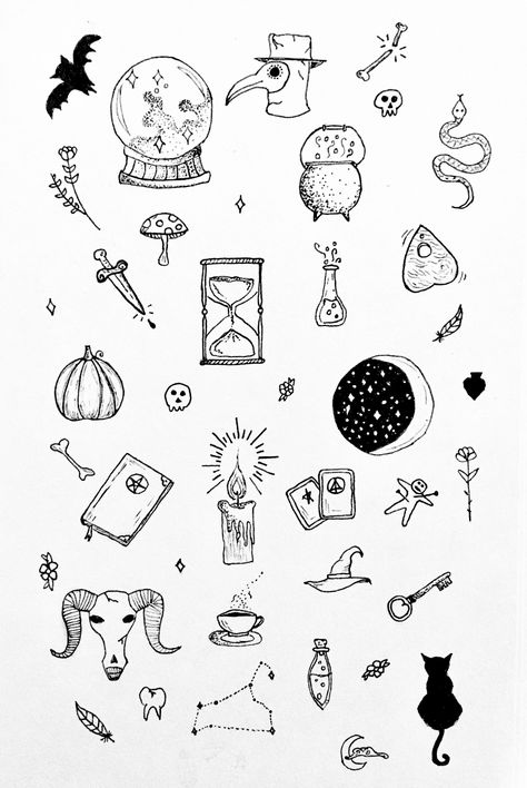 Stick And Poke Tattoo Halloween, Minimalist Magic Tattoo, Mini Witch Tattoo, Magic Doodles Simple, Witchy Small Tattoos, Tiny Witch Hat Tattoo, Small Witchy Tattoos Simple, Witchy Sketches Easy, Witchy Tattoo Ideas Small Simple