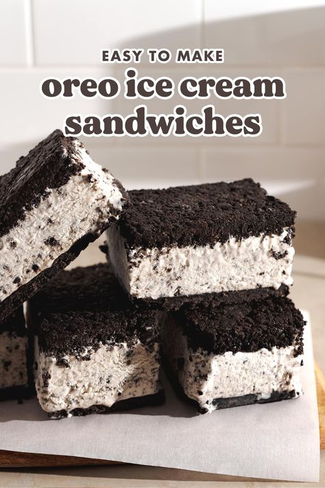 These homemade oreo ice cream sandwiches are easy to make and perfect to cool down with in the warmer months. They're made with a two ingredient oreo crust with a creamy no-churn oreo ice cream filling. #oreo #icecream #icecreamsandwich | teakandthyme.com Homemade Oreo Ice Cream, Oreo Ice Cream Sandwich, Oreo Ice Cream, Ice Cream Mixture, Two Ingredient, Oreo Crust, Ice Cream Sandwiches, Cream Filling, Vanilla Cookies