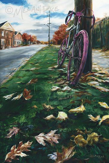 Celebrating the beauty of fall and the decorated bikes that line the streets of Crystal Beach, Ontario Canada. The original 24x36" oil and acrylic painting is varnished and ready to hang, unframed. Edges are painted as a continuation of the painting. Includes Certificate of Authenticity. Prints are available on fine art paper or stretched canvas. Bike Painting, Fall Pink, Beach Oil Painting, Bicycle Painting, Fall Landscape, Crystal Beach, Vertical Wall Art, Leaves Autumn, Green Street