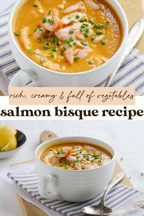 Salmon Bisque Recipe Smoked Salmon Bisque, Salmon Bisque Soup, Salmon Broth Recipe, Creamy Salmon Soup, Soup With Salmon, Creamed Salmon On Toast, Fish Bisque, Salmon Bisque Recipe, Salmon Soup Recipes