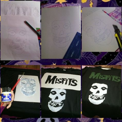 How to make a MISFITS T-shirt! First, draw a crimson ghost and the logo of the band. Than draw it again on a cardboard. You can use an insigo paper or draw it just omn the cardboard. Maybe it is easyer for you. Than cut it of with a scalper and use tape and put it on the tshirt. Than paint it with Textil Fabric Paint. And its finished. :D Diy Band Shirt Ideas, Diy Band Tshirt Ideas, Diy Band Merch, Diy Band Tee, Band Tees Diy, Diy Band Shirt, Crimson Ghost, Misfits Shirt, Grunge Tshirt