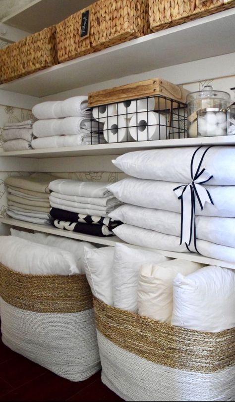 22.12.2018 - I love how these baskets from homegoods look on my new linen closet. They're not only practical, they're adorable! They make everything look much move organized and put together in here.  (Sponsored pin) Linen Closet Design, Organiser Son Dressing, Linen Closet Storage, Bathroom Closet Organization, Airing Cupboard, White Linens, House Organisation, Wardrobe Organisation, Linen Cupboard