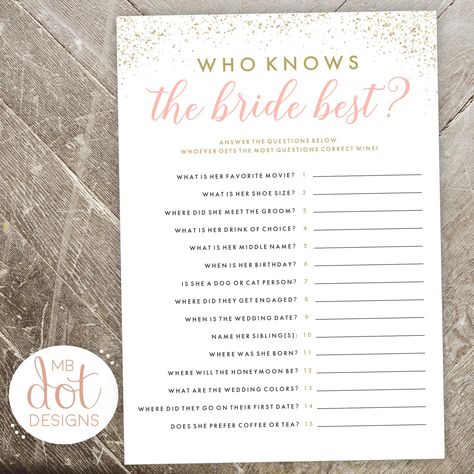 Who Knows The Bride Best, Bride Game, Bridal Shower Bingo, Bridal Shower Activities, Summer Bridal Showers, Printable Bridal Shower Games, Wedding Shower Games, Bridal Shower Food, Pink Bridal Shower