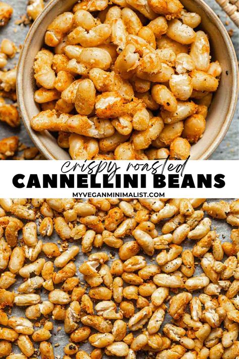 Roasted cannellini beans are a crispy, fiber-rich snack made in just over half an hour. Find out how we turn these creamy white beans into a satisfyingly crunchy snack. This roasted cannellini beans recipe uses pantry staples that you probably already have in your kitchen cupboard. You can serve them as part of your main dish, eat them as a snack or a side. Hint - Think of the seasoning as more of a suggestion rather than a hard rule. If desired, feel free to use your other favorite herbs. White Bean Roasted, Air Fryer Cannellini Beans, Crispy Beans Recipe, Air Fryer White Beans, Crispy Cannellini Beans, Healthy Cannellini Bean Recipes, Baked Cannellini Beans, Roasted White Beans, Roasted Cannellini Beans